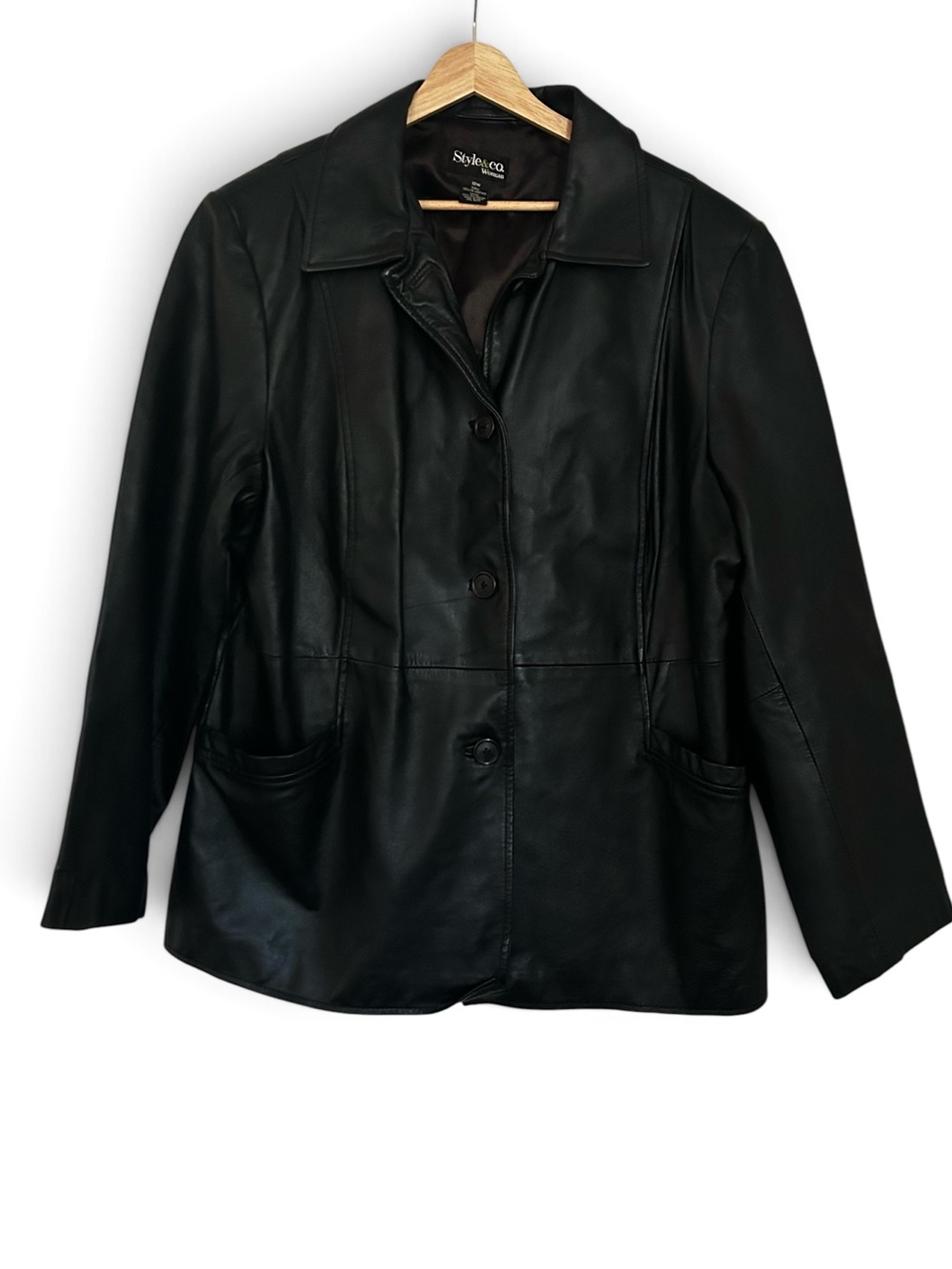 Style & Co Genuine Leather Black Long Blazer Jacket Three Button Closure Sz 18W